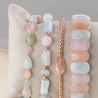 Helkum-Akuamarin-Güneş Taşı-Pembe Opal Doğal Taş Kadın Bileklik Seti - 3