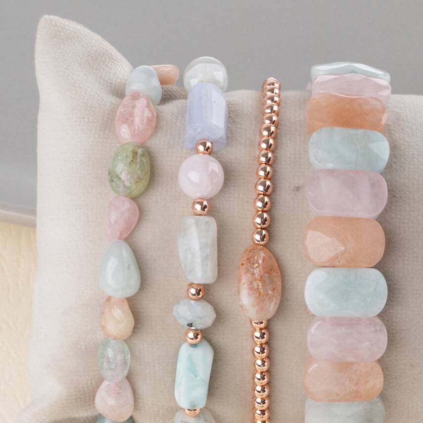 Helkum-Akuamarin-Güneş Taşı-Pembe Opal Doğal Taş Kadın Bileklik Seti - 3