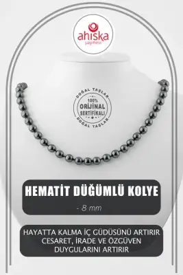Hematit 8 mm Düğümlü Doğal Taş Kolye - 1