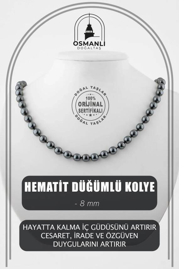 Hematit 8 mm Düğümlü Doğal Taş Kolye - 1