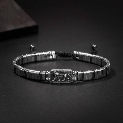 Hematit Doğal Taş Aslan sembollü Gümüş Erkek Tasarım Bileklik - Osmanlı Doğaltaş