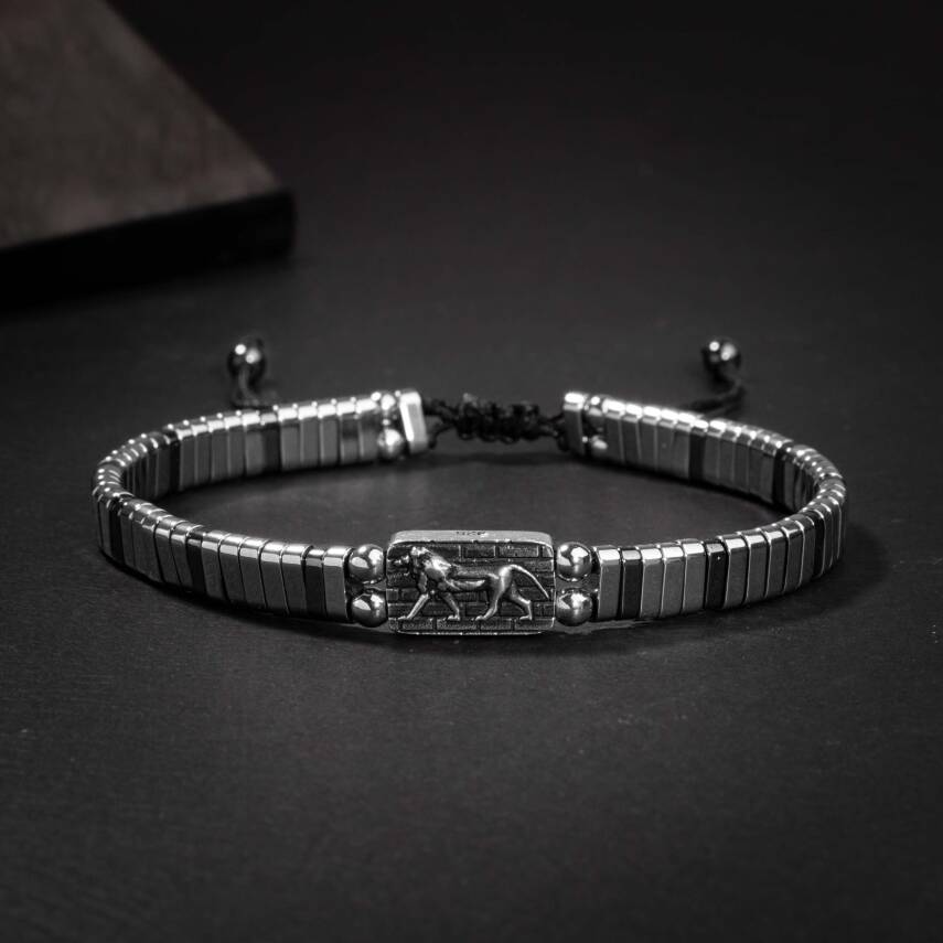 Hematit Doğal Taş Aslan sembollü Gümüş Erkek Tasarım Bileklik - 1