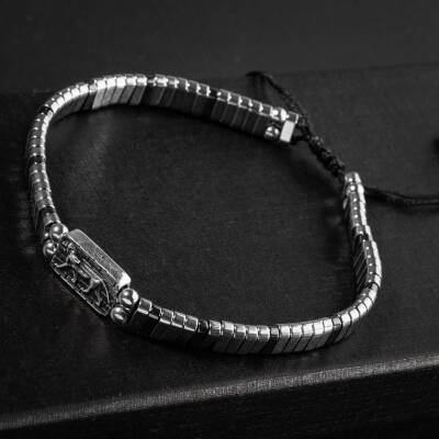 Hematit Doğal Taş Aslan sembollü Gümüş Erkek Tasarım Bileklik - 2