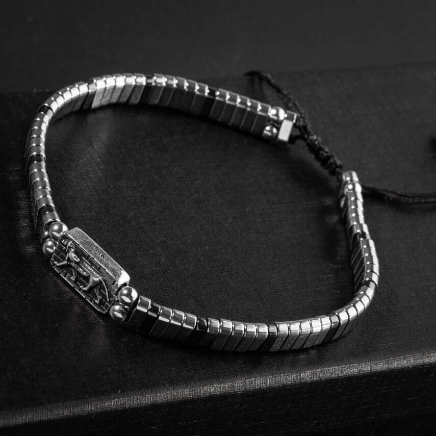 Hematit Doğal Taş Aslan sembollü Gümüş Erkek Tasarım Bileklik - 2