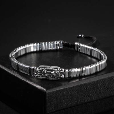 Hematit Doğal Taş Aslan sembollü Gümüş Erkek Tasarım Bileklik - 4