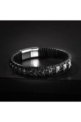 Hematit Doğal Taş Deri Erkek Bileklik - 2