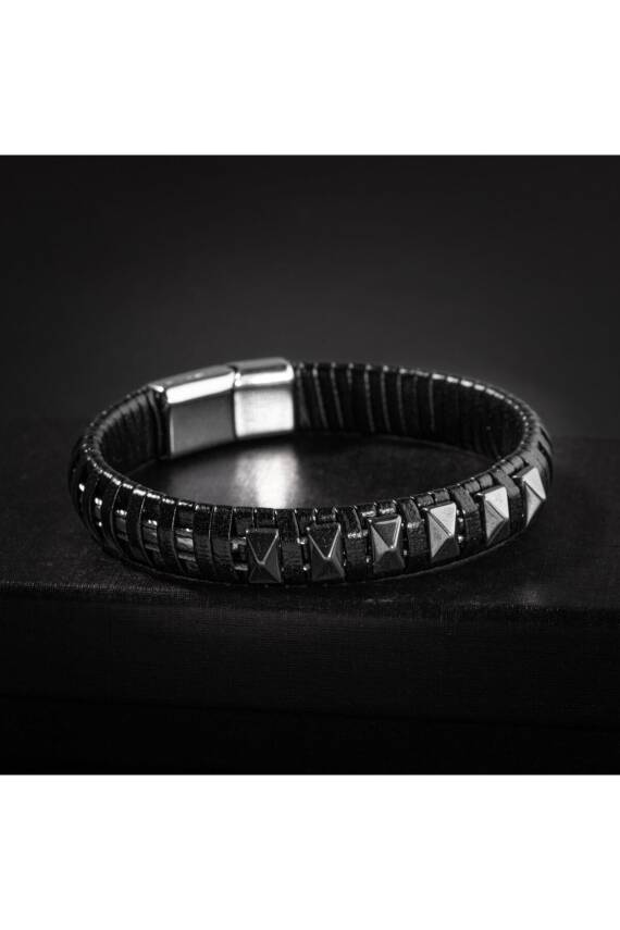 Hematit Doğal Taş Deri Erkek Bileklik - 2