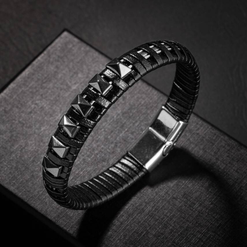 Hematit Doğal Taş Deri Erkek Bileklik - 1