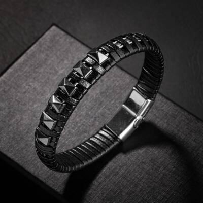 Hematit Doğal Taş Deri Erkek Bileklik - 2