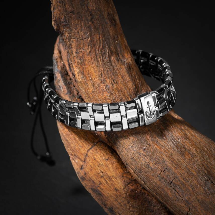 Hematit Doğal Taş Erkek Makrome Çapa Model Bileklik - 2