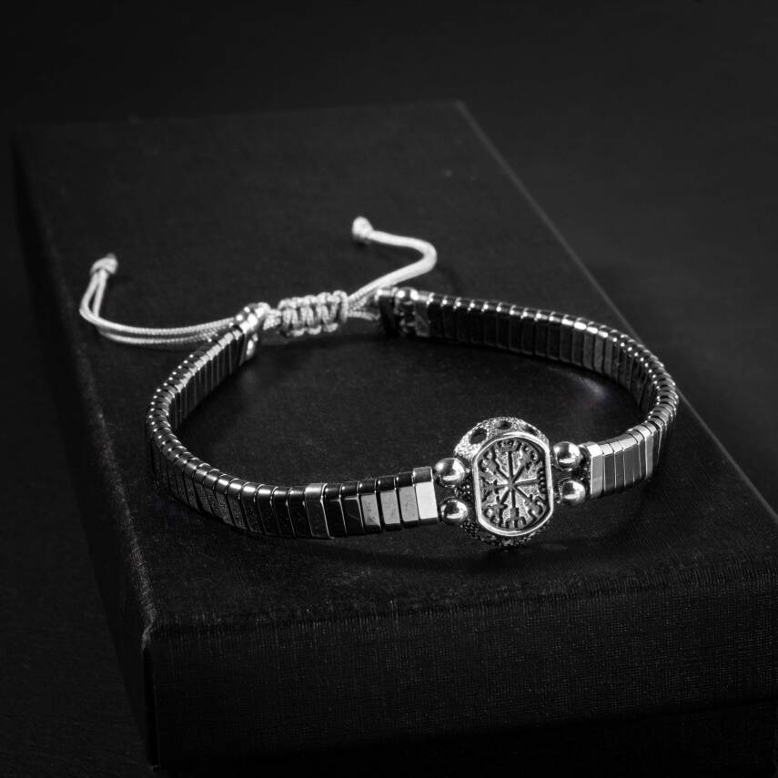 Hematit Doğal Taş Mara sembollü Gümüş Erkek Tasarım Bileklik - 1