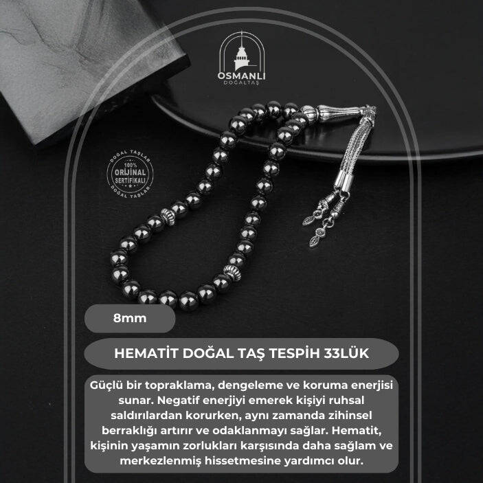 Hematit Doğal Taş Tesbih 33lük - 8mm - 2