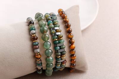 Hematit-Kan Taşı-Yeşil Apatit-Gri Jasper-Kaplan Gözü Erkek Doğal Taş Bileklik Seti - Osmanlı Doğaltaş