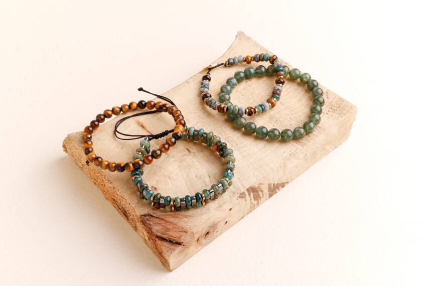 Hematit-Kan Taşı-Yeşil Apatit-Gri Jasper-Kaplan Gözü Erkek Doğal Taş Bileklik Seti - 2