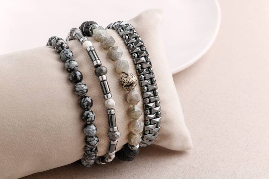 Hematit-Lav-Obsidyen-Labradorit Erkek Doğal Taş Bileklik Seti - 3