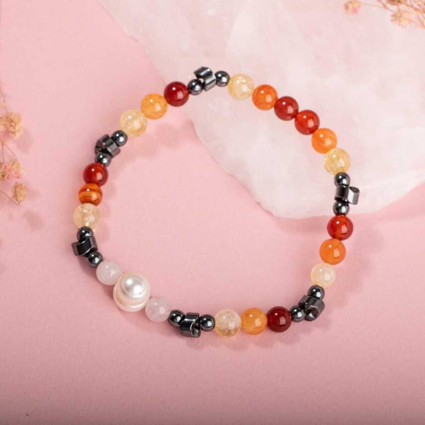 Hematit-Pembe Kuvars-İnci-Sitrin-Karnelyan Akik-Kırmızı Akik Doğal Taş Bileklik - 1
