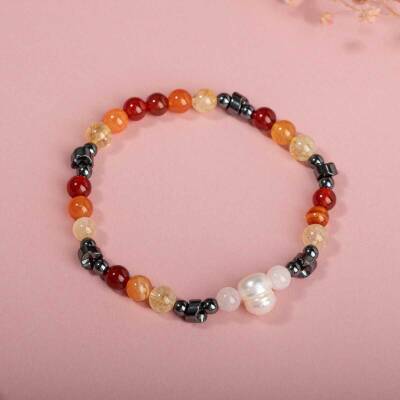 Hematit-Pembe Kuvars-İnci-Sitrin-Karnelyan Akik-Kırmızı Akik Doğal Taş Bileklik - 2