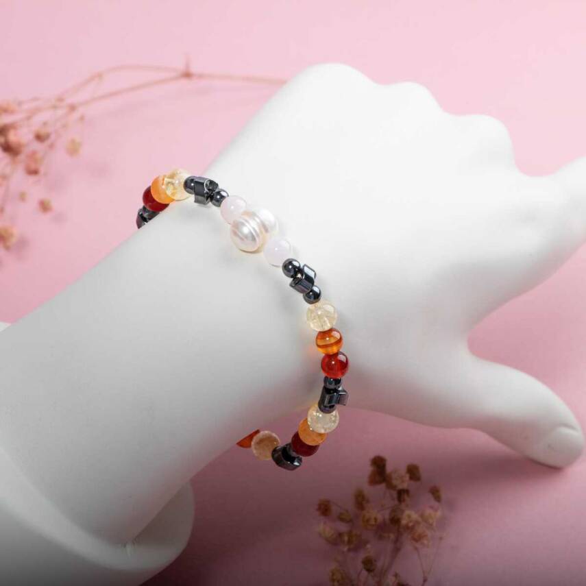 Hematit-Pembe Kuvars-İnci-Sitrin-Karnelyan Akik-Kırmızı Akik Doğal Taş Bileklik - 3