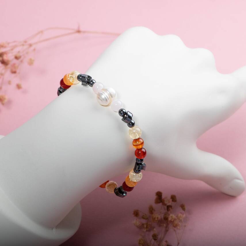 Hematit-Pembe Kuvars-İnci-Sitrin-Karnelyan Akik-Kırmızı Akik Doğal Taş Bileklik - 5
