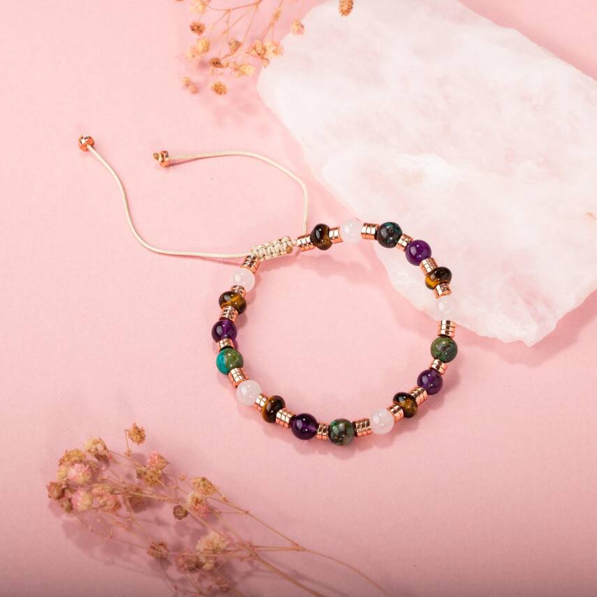 Hematit-Pembe Kuvars-Krizokol-Ametist-Kaplan Gözü Doğal Taş Bileklik - 3