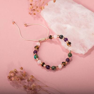 Hematit-Pembe Kuvars-Krizokol-Ametist-Kaplan Gözü Doğal Taş Bileklik - 4