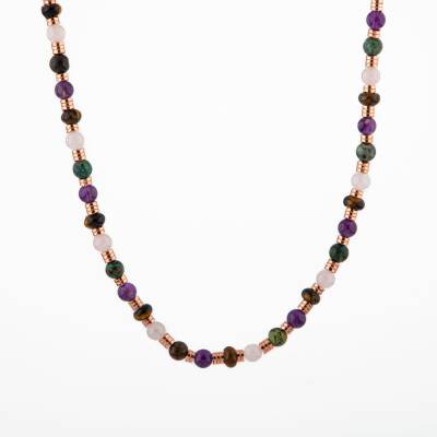 Hematit-Pembe Kuvars-Krizokol-Ametist-Kaplan Gözü Doğal Taş Kolye - Osmanlı Doğaltaş