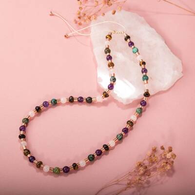 Hematit-Pembe Kuvars-Krizokol-Ametist-Kaplan Gözü Doğal Taş Kolye - 2