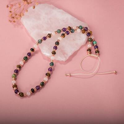 Hematit-Pembe Kuvars-Krizokol-Ametist-Kaplan Gözü Doğal Taş Kolye - 3