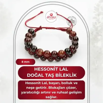 Hessonit Lal 8mm Çift Sıra Makrome Doğal Taş Bileklik - Doğal Taş (1)