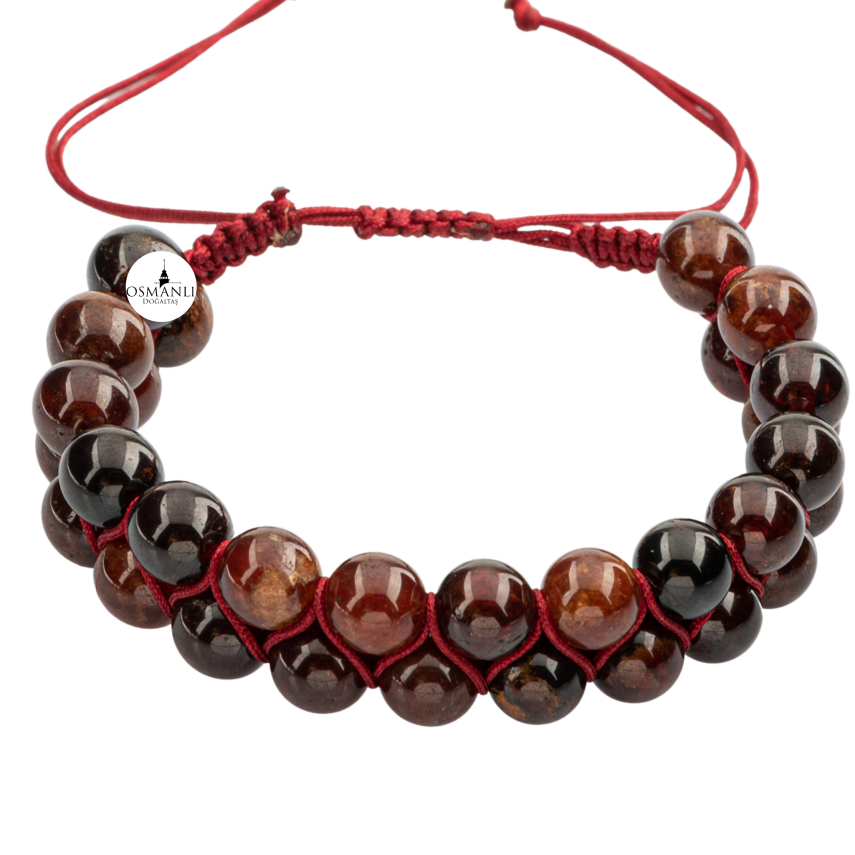 Hessonit Lal 8mm Çift Sıra Makrome Doğal Taş Bileklik - 3