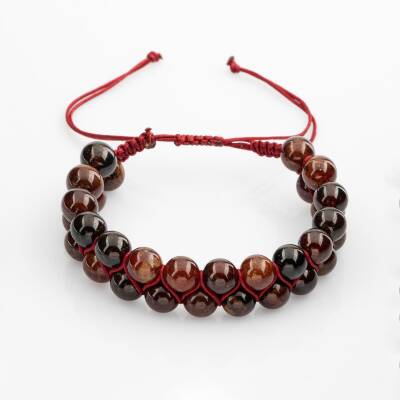 Hessonit Lal 8mm Çift Sıra Makrome Doğal Taş Bileklik - 4