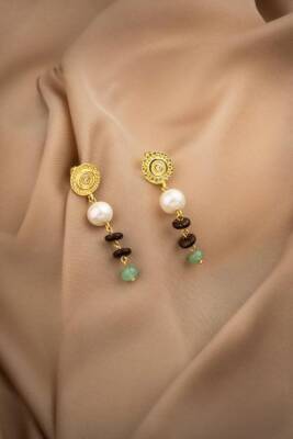 Hindistan Cevizi Kabuğu-Yeşil Aventurin-İnci Doğal Taş Gümüş Küpe - Osmanlı Doğaltaş