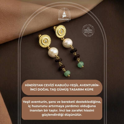 Hindistan Cevizi Kabuğu-Yeşil Aventurin-İnci Doğal Taş Gümüş Küpe - 2