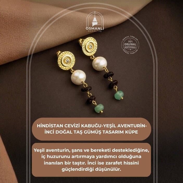 Hindistan Cevizi Kabuğu-Yeşil Aventurin-İnci Doğal Taş Gümüş Küpe - 2