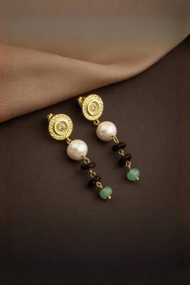 Hindistan Cevizi Kabuğu-Yeşil Aventurin-İnci Doğal Taş Gümüş Küpe - 3