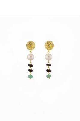 Hindistan Cevizi Kabuğu-Yeşil Aventurin-İnci Doğal Taş Gümüş Küpe - 4