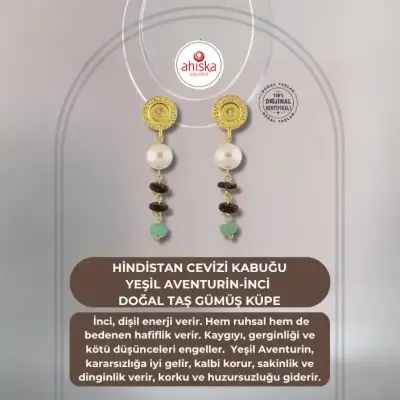 Hindistan Cevizi Kabuğu-Yeşil Aventurin-İnci Doğal Taş Gümüş Küpe - 1
