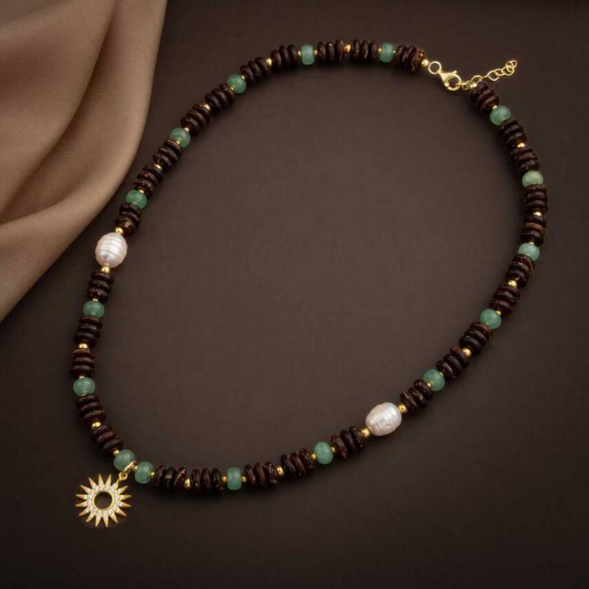 Hindistan Cevizi Kabuğu-Yeşil Aventurin-İnci Doğal Taş Gümüş Tasarım Kolye - 54cm - 1