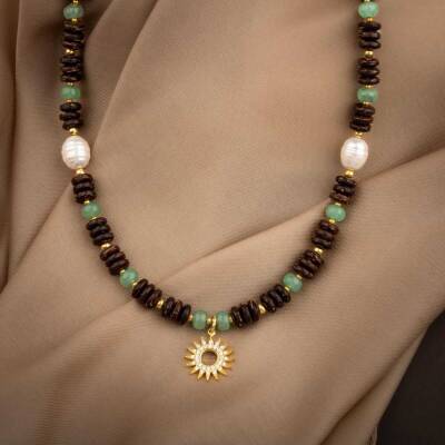 Hindistan Cevizi Kabuğu-Yeşil Aventurin-İnci Doğal Taş Gümüş Tasarım Kolye - 54cm - 2