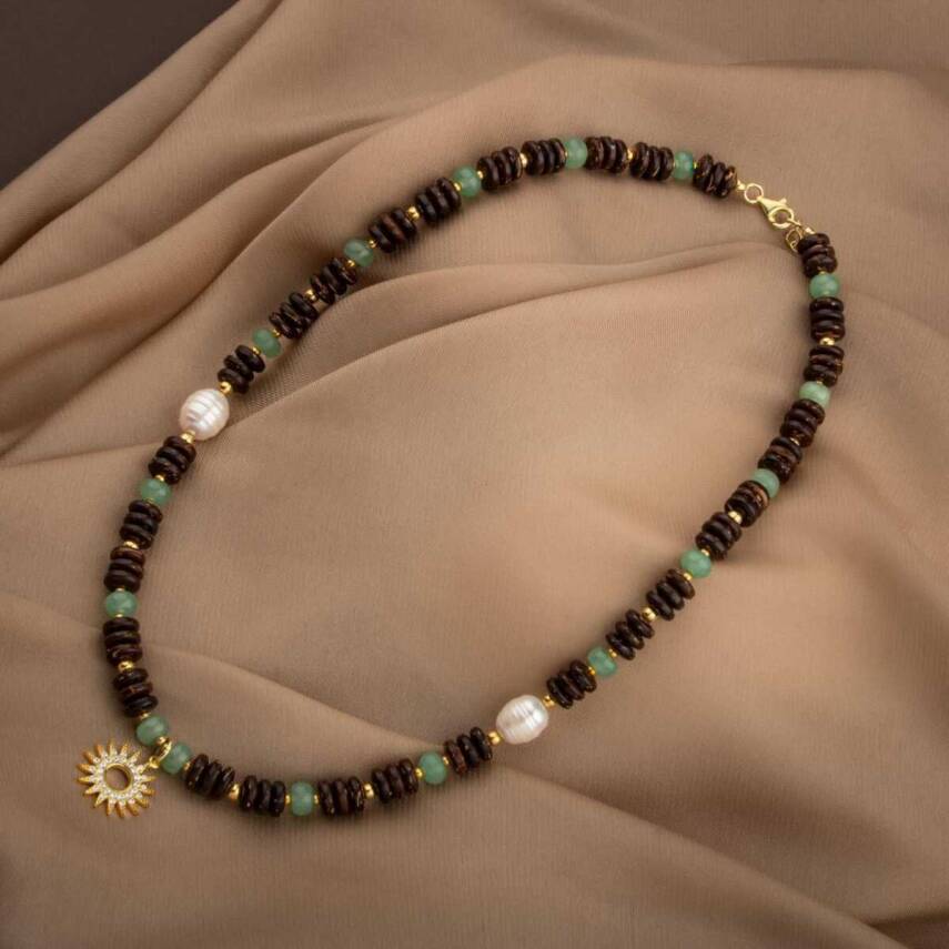 Hindistan Cevizi Kabuğu-Yeşil Aventurin-İnci Doğal Taş Gümüş Tasarım Kolye - 54cm - 4