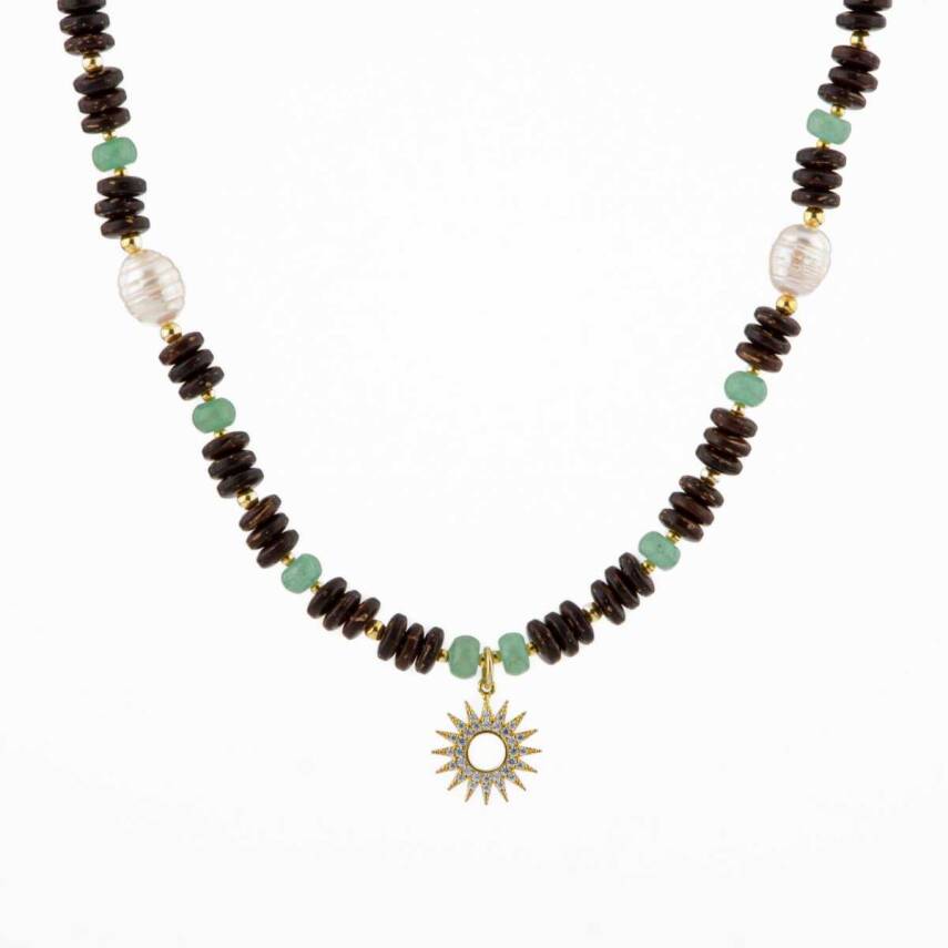 Hindistan Cevizi Kabuğu-Yeşil Aventurin-İnci Doğal Taş Gümüş Tasarım Kolye - 54cm - 5