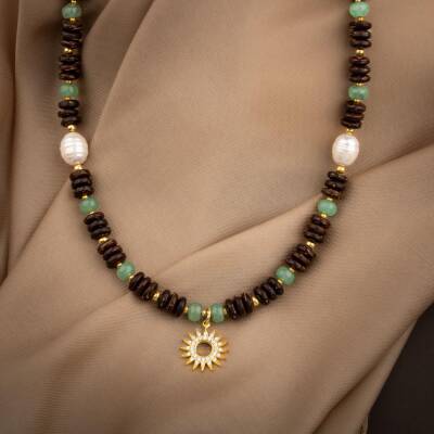 Hindistan Cevizi Kabuğu-Yeşil Aventurin-İnci Doğal Taş Gümüş Tasarım Kolye - 54cm - Osmanlı Doğaltaş