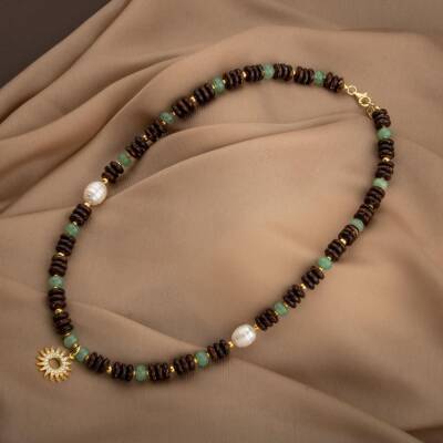 Hindistan Cevizi Kabuğu-Yeşil Aventurin-İnci Doğal Taş Gümüş Tasarım Kolye - 54cm - 2