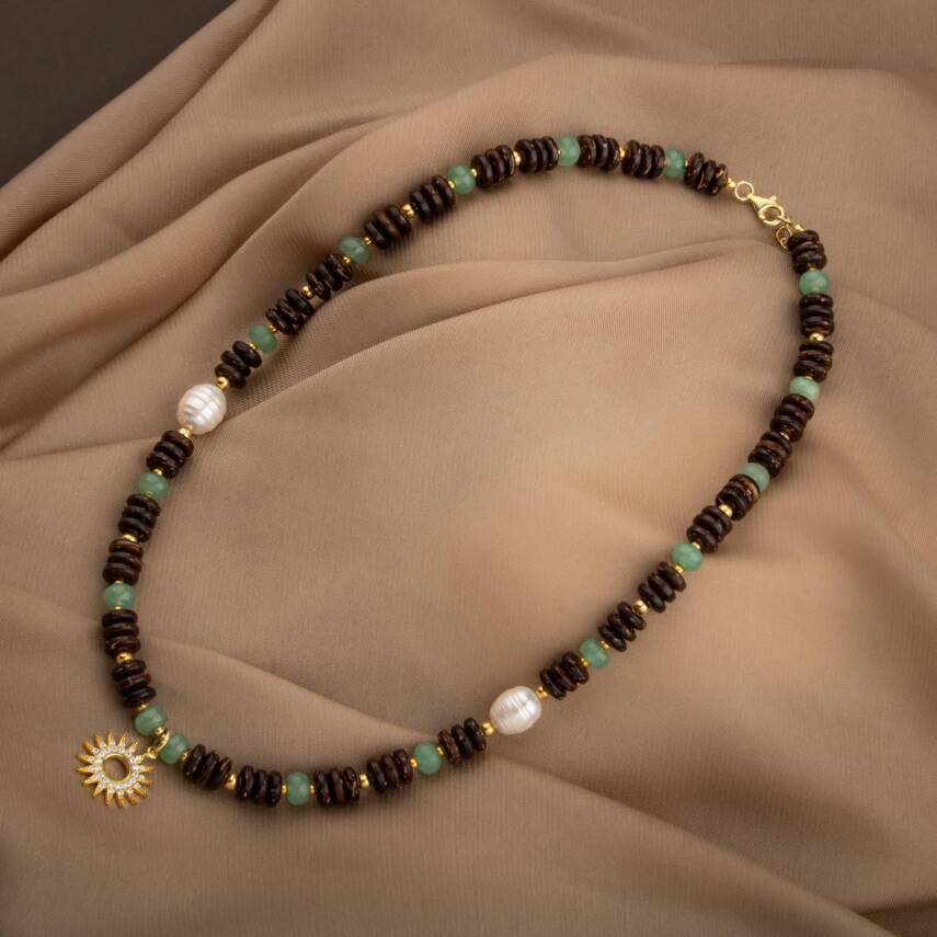 Hindistan Cevizi Kabuğu-Yeşil Aventurin-İnci Doğal Taş Gümüş Tasarım Kolye - 54cm - 2