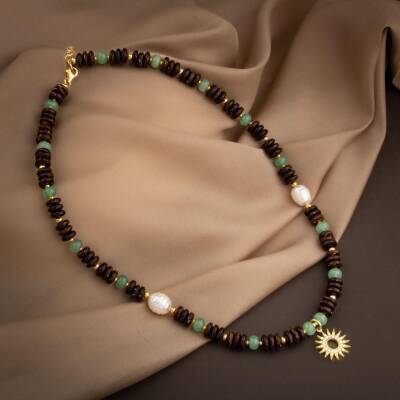 Hindistan Cevizi Kabuğu-Yeşil Aventurin-İnci Doğal Taş Gümüş Tasarım Kolye - 54cm - 3