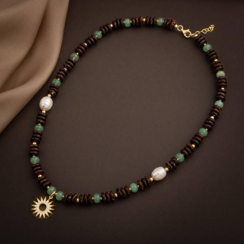 Hindistan Cevizi Kabuğu-Yeşil Aventurin-İnci Doğal Taş Gümüş Tasarım Kolye - 54cm - 4