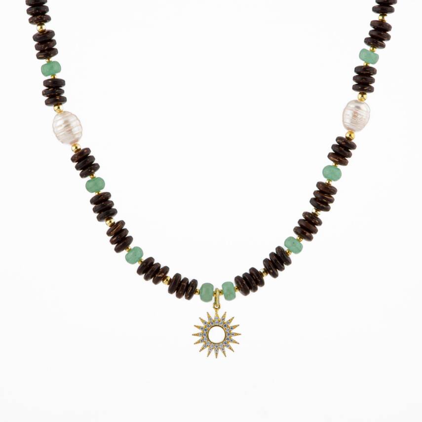 Hindistan Cevizi Kabuğu-Yeşil Aventurin-İnci Doğal Taş Gümüş Tasarım Kolye - 54cm - 5