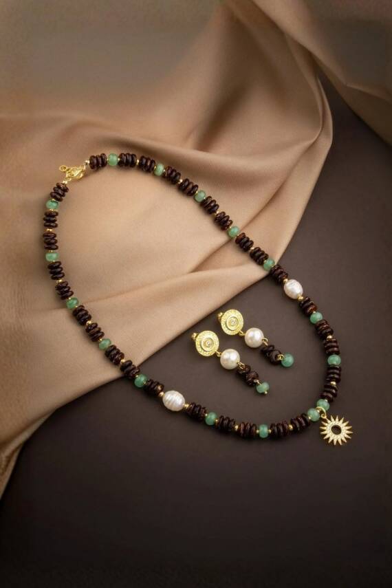 Hindistan Cevizi Kabuğu-Yeşil Aventurin-İnci Doğal Taş Gümüş Tasarım Kolye Küpe Seti - 1