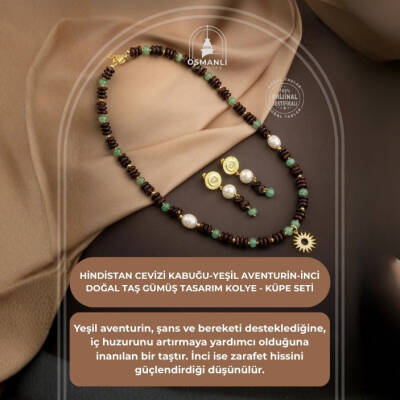 Hindistan Cevizi Kabuğu-Yeşil Aventurin-İnci Doğal Taş Gümüş Tasarım Kolye Küpe Seti - 2