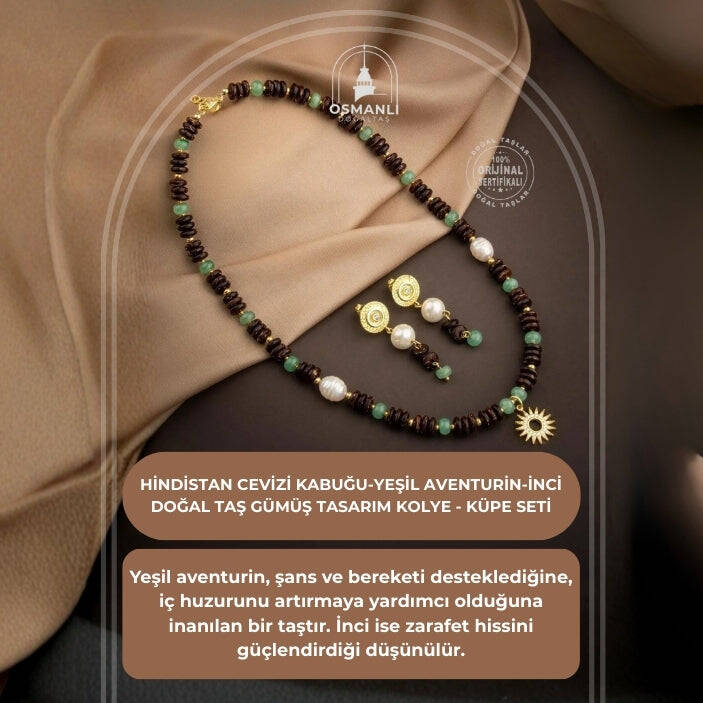 Hindistan Cevizi Kabuğu-Yeşil Aventurin-İnci Doğal Taş Gümüş Tasarım Kolye Küpe Seti - 2